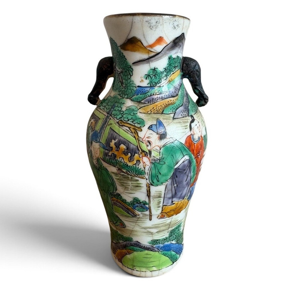 Antique Chinese Crackle Glaze Famille Verte Vase 6" Figural Chenghua Mark